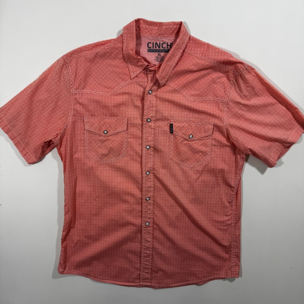 Cinch Modern Fit Men Western Snap Shirt Orange Geometric Print XL Summer Cotton